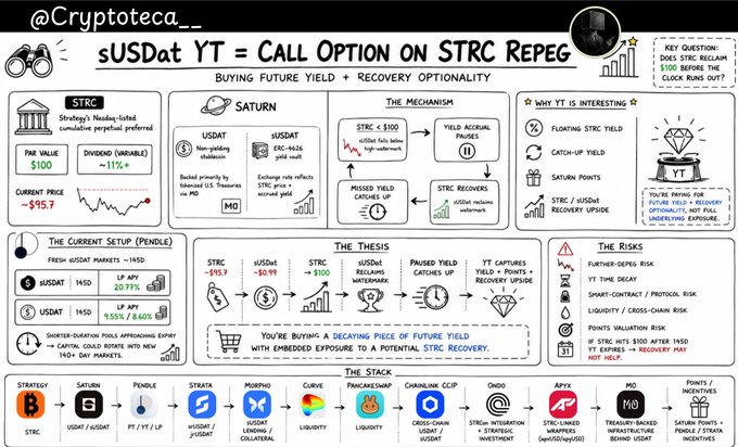 The image is an infographic by @Cryptoteca__ explaining why sUSDat YT (yield token) on Pendle Finance functions like a call option on a STRC repeg, with STRC being Strategy's Nasdaq-listed cumulative perpetual preferred stock trading at $95.7 against a $100 par value with ~115% annualized dividend yield. It breaks down the mechanics showing how buying sUSDat YT gives exposure to STRC recovery optionality if it repegs to $100, with projections suggesting potential points/incentives of 1,555% (8.6x) for capital that helps restore STRC's value.