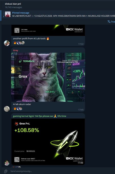 A screenshot of a Telegram chat titled 'diskusi dan pnl' containing messages about 'AI LAB' watchlists, a pinned message dated '13 AGUSTUS 2026', and crypto profit images showing gains like '+64.64%' for 'Grox PnL' and '+108.58%' for 'Grox PnL' on OKX Wallet.