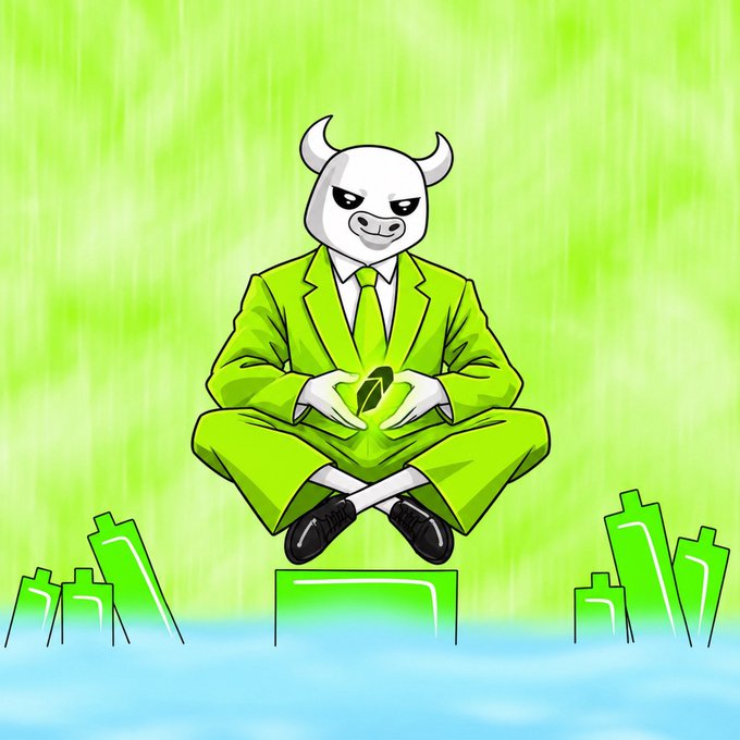 A cartoon illustration of an anthropomorphic bull character wearing a green suit and tie, meditating in a lotus position with glowing green energy radiating around it.
