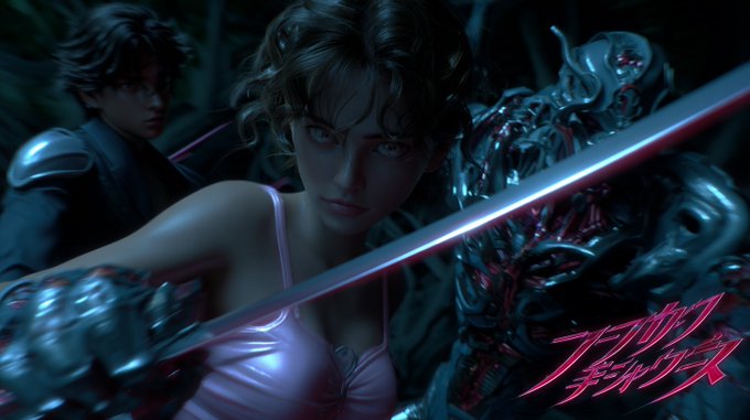 The image is a stylized digital artwork featuring a fierce young woman with wild brown hair wielding a glowing sword, accompanied by two dark figures in the background, all set in a moody, cinematic atmosphere. The Japanese text in the bottom right corner reads "ブッちぎりアナーキー" (Butchigiri Anarchy), which appears to be the title of the artwork. The dramatic, action-packed scene complements the energetic "Happy weekend" greeting by capturing a sense of excitement and adventure.