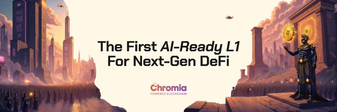 An advertisement for Chromia blockchain with the tagline "The First AI-Ready L1 For Next-Gen DeFi", depicting a fantasy cityscape with a glowing bottle and a golden armored figure.