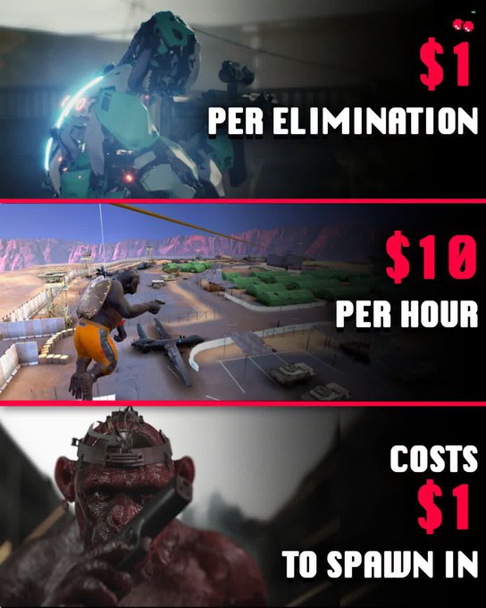 A three-panel meme about a game's economy showing: '$1 PER ELIMINATION', '$10 PER HOUR', and 'COSTS $1 TO SPAWN IN', referencing the monetization of in-game mechanics.