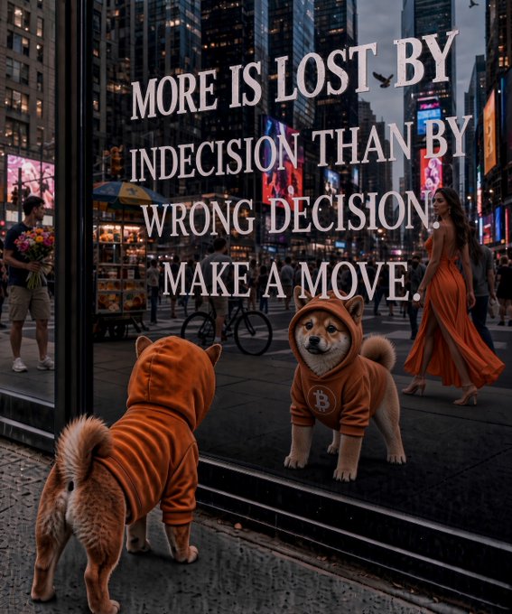 Two Shiba Inu dogs in orange hoodies, one with a Bitcoin 'B' logo, stand looking into a city store window where a motivational quote is displayed on the glass.