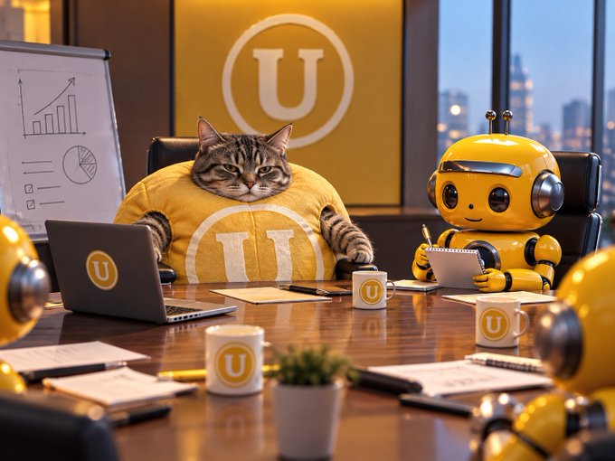 An illustration of a cat in a yellow 'U' branded shirt working at a conference table alongside a yellow robot, with 'U' logos on laptops, mugs, and a whiteboard showing charts.