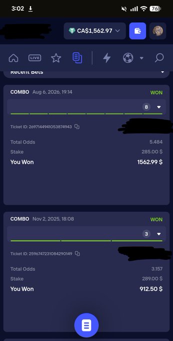 The image shows a sports betting app screenshot displaying two winning COMBO bets, with $1,562.97 won on August 6, 2026, and $912.50 won on November 2, 2025, supporting the post's celebration of finally winning after 10+ months.