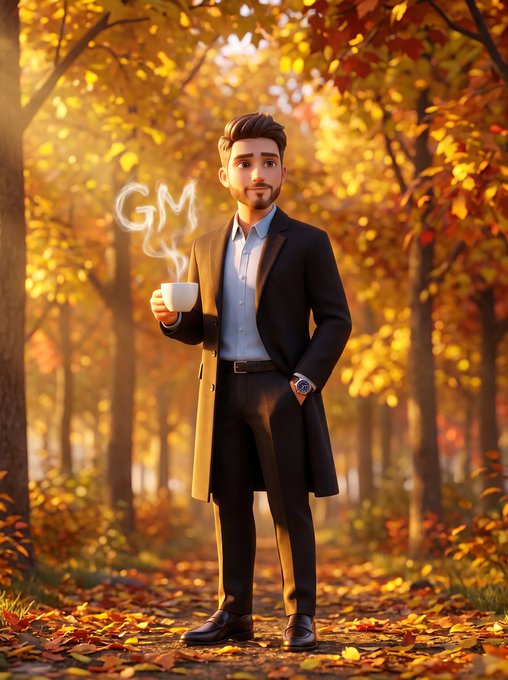 A stylized 3D-rendered illustration of a bearded man in a suit holding a steaming coffee cup, with the steam forming the letters 'GM' against a backdrop of autumn foliage.
