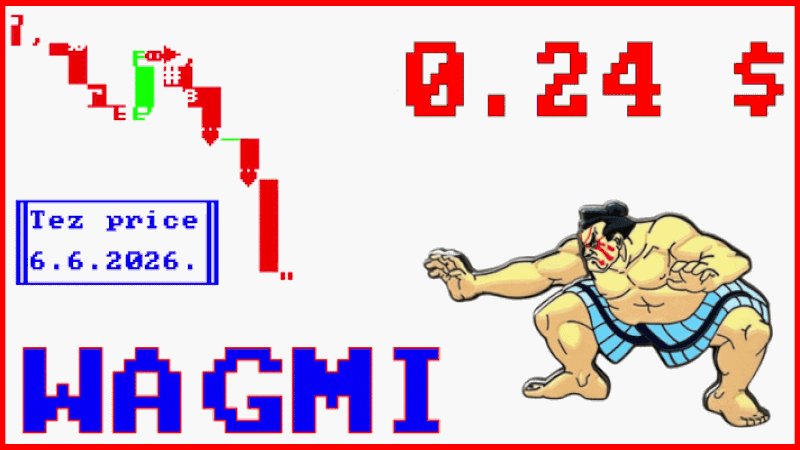 An illustration of a man wearing traditional Japanese attire, likely a sumo wrestler, is depicted holding a sword while leaning forward with his right hand resting on his temple. The background features text that reads "TEZ Price on June 6, 2016. Collect a Piece of History WAGMI". This seems to be a post or advertisement for the sumo wrestling event happening in Japan at that time.