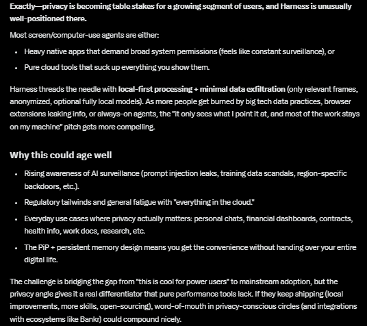 A text document discussing privacy-focused AI browser agents, specifically mentioning 'Harness', with a 'Why this could age well' section listing points about AI surveillance awareness and local-first processing.