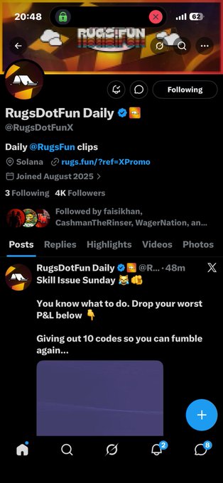 X/Twitter profile of @RugsDotFunX ('RugsDotFun Daily') with 4K followers, posting 'Skill Issue Sunday' and offering 10 promo codes, linked to rugs.fun/?ref=XPromo on Solana.