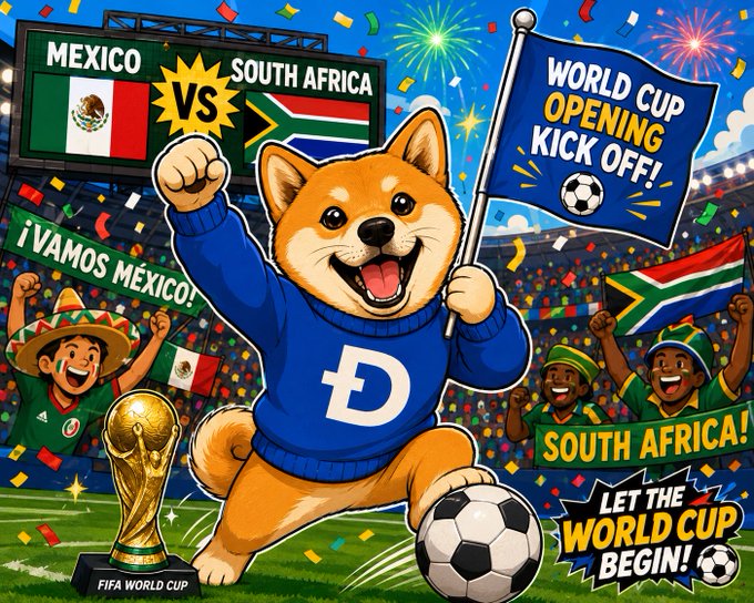 The image features a cartoon dog wearing a blue sweater, holding a soccer ball with its mouth open wide as if cheering or celebrating. The background of the image shows a soccer field with people standing around, possibly watching a game or enjoying the festivities. The caption at the bottom of the image reads "Good Morning Doge fam! Let's hope for a peaceful World Cup".