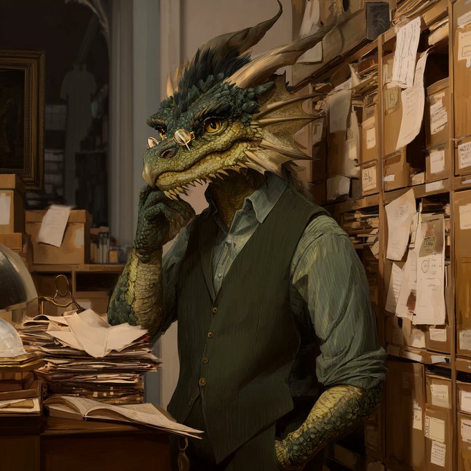 A green dragon with horns wearing glasses, a green shirt, and a vest stands in a room filled with filing cabinets and paperwork, resting a hand on its chin in a thoughtful pose.