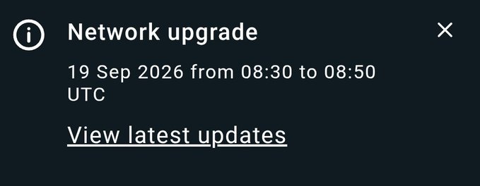 A notification banner announces a "Network upgrade" scheduled for 19 Sep 2026 from 08:30 to 08:50 UTC, with a "View latest updates" link, likely signaling the latest development shipping from Jeff amid HYPE's continued all-time highs.