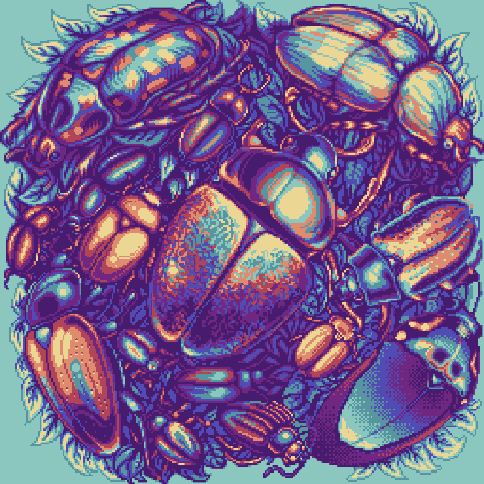 A pixel art illustration depicting a pile of diverse, colorful gems and minerals with a large central stone, set against a light blue background.