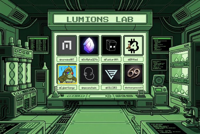 A pixel-art styled digital illustration of a 'LUMIONS LAB' featuring various cryptocurrency logos including Ethereum, Bitcoin, and others displayed on screens.
