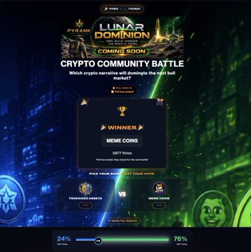 A promotional graphic for the 'LUNAR DOMINION CRYPTO COMMUNITY BATTLE' on PYRAMID platform, showing 'MEME COINS' as the winner with 8877 votes.