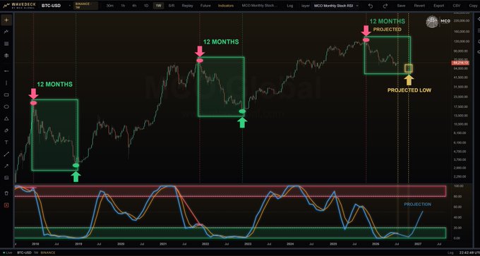 A financial trading chart shows BTC-USD on Binance with annotations marking "12 MONTHS" cycles, projections, and what appears to be an Elliott Wave analysis on the global monthly chart.