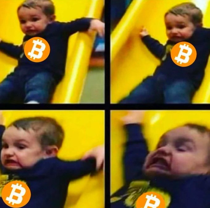 The image features a baby wearing a blue shirt with an orange Bitcoin symbol, sitting on a yellow slide. There are four different photos of the baby on the slide, each with a different angle or perspective. The first photo shows the baby from above, the second photo is taken from below, and the third photo captures the baby's head-on view as they sit on the slide. Each photo also includes an orange Bitcoin symbol in the background.

The post that accompanies this image reads: "Now Bitcoin' s going to $200k in 2006:". This statement suggests a connection between the baby wearing a Bitcoin shirt and the rise of Bitcoin's value over time, which is likely related to the year 2006 when Bitcoin was created.