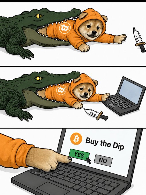 A three-panel meme showing a Doge in an orange hoodie escaping a crocodile to click 'Buy the Dip' on a laptop with Bitcoin, dropping its knife.