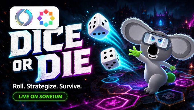 Promotional artwork for 'DICE OR DIE' featuring a koala character with VR-like glasses and glowing dice, with the tagline 'Roll. Strategize. Survive.' and 'LIVE ON SONEIUM'.