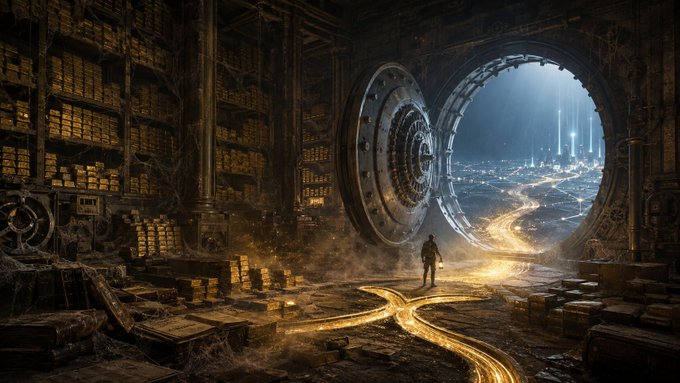 A digital artwork depicts a massive vault filled with gold bars and treasure, with a large circular vault door open to reveal a glowing cityscape, while a small figure stands near golden trails on the floor.