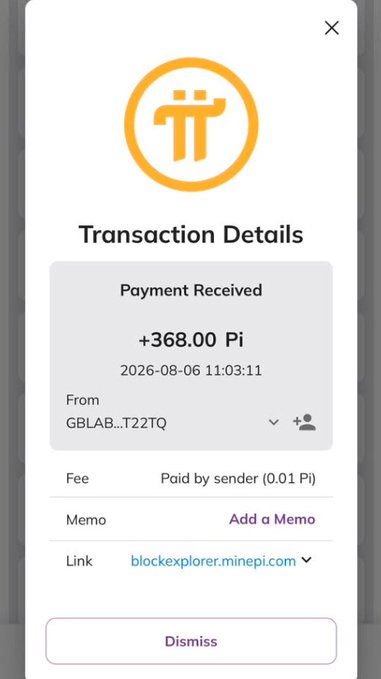 A Pi Network transaction details screen showing a payment received of '+368.00 Pi' dated 2026-08-06 11:03:11, sent from GBLAB...T22TQ with a fee of 0.01 Pi paid by the sender.