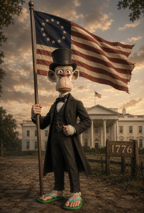 An anthropomorphic monkey dressed in a Victorian suit and top hat stands in front of the White House holding a Betsy Ross flag, wearing green flip-flops, with a '1776' sign nearby.