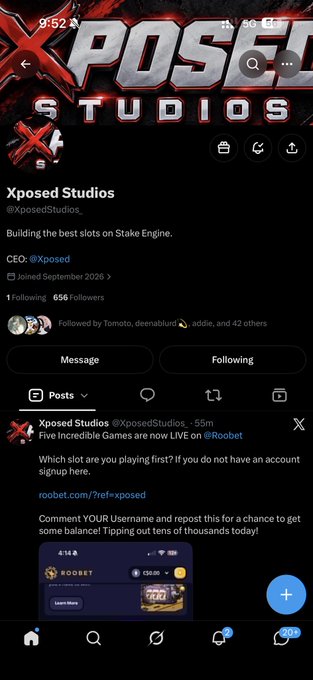 X/Twitter profile for Xposed Studios (@XposedStudios_) promoting slot games on Roobet with a recent post about 'Five Incredible Games'.