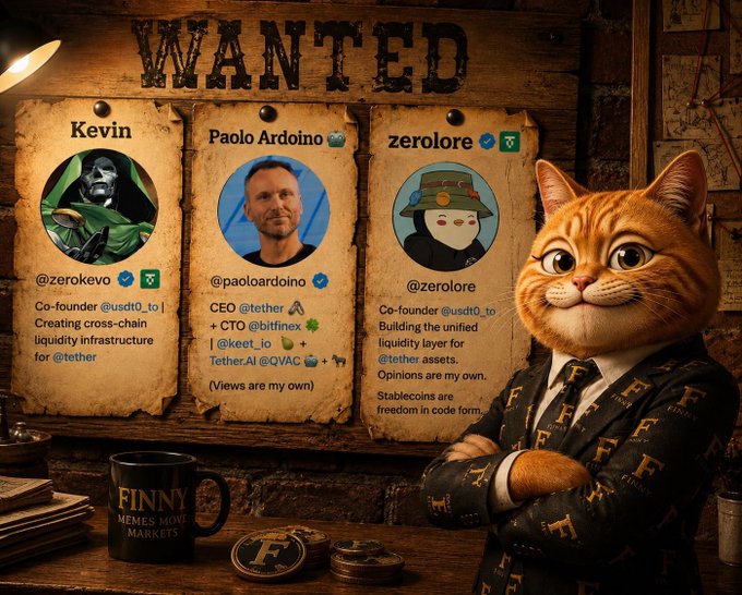 A wanted poster featuring Kevin (@zerokevo), Paolo Ardoino (@paoloardoino), and zerolore (@zerolore) hangs on a wooden wall, as an orange tabby cat in a suit stands beside a "FINNY" mug, illustrating the post's playful call-out to Paolo to tweet about $USDT0's $3B transaction milestone in 30 days.