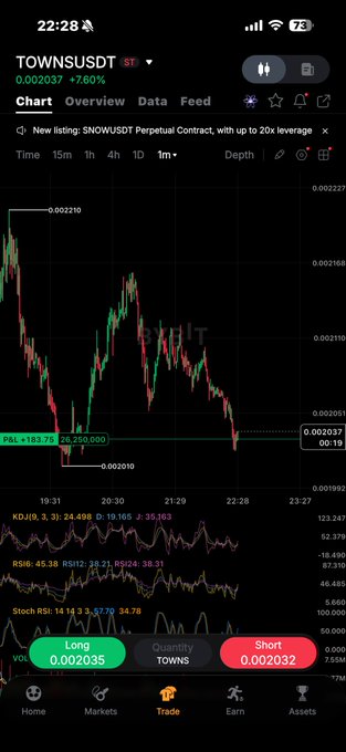 A mobile trading app screenshot showing the TOWNSUSDT perpetual contract chart on Binance, currently priced at 0.002037 (+7.60%), with technical indicators (KDJ, RSI, Stoch RSI) displayed below and Long/Short action buttons at the bottom, illustrating the opening of a long position on the Towns token.