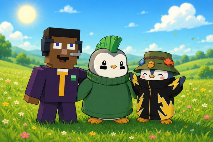 Three Minecraft-style avatars—a miner, a penguin in a green sweater, and a hatchet-wielding penguin—stand together in a sunny flower-filled field, symbolizing the original crypto degens who stayed loyal through the hype cycles. The image ties to the post's message about loyal crypto OGs being remembered while those who chased the AI narrative moved on.