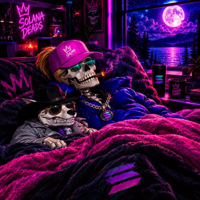 A vibrant, stylized digital artwork featuring 'SOLANA DEADS' graffiti, showing a skeleton with a pink cap smoking and another skeleton dog in sunglasses under a full moon.
