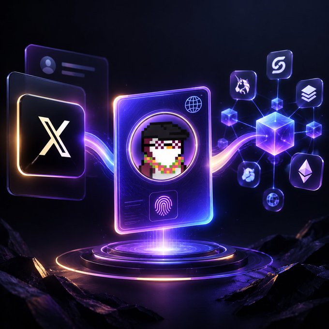 A neon-styled 3D digital illustration shows a central holographic ID card with a pixel-art avatar, alongside floating cryptocurrency symbols (X, ETH, BNB, SOL, Dragon) connected by glowing energy ribbons.