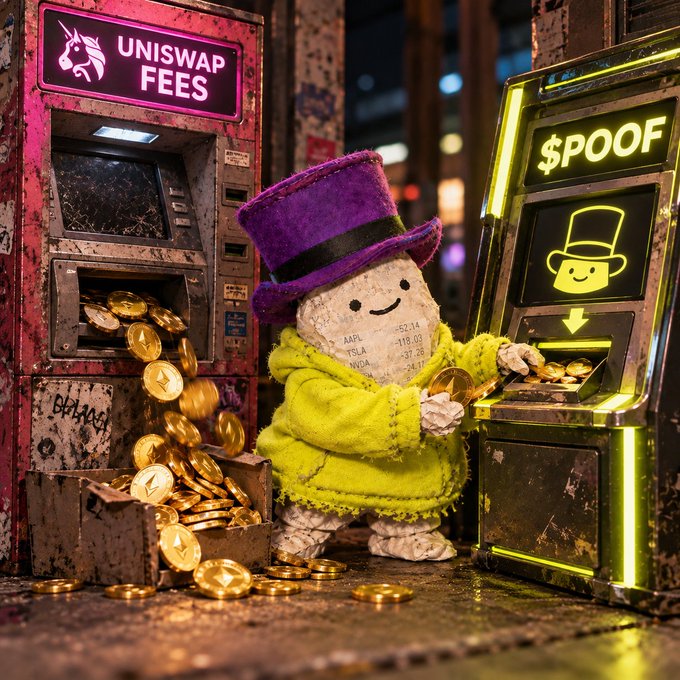 A plush mascot in a purple top hat and yellow coat stands between two ATM-like machines—one labeled "UNISWAP FEES" spilling gold coins, and another displaying "$POOF"—visually tying the post's mention of $POOF to its Uniswap-fee-funded origins on Robinhood Chain.
