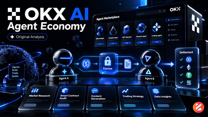A promotional graphic for 'OKX AI Agent Economy' showcases an Agent Marketplace with various crypto agents and a workflow diagram illustrating how agents build, trade, audit, and settle transactions through an escrow system.
