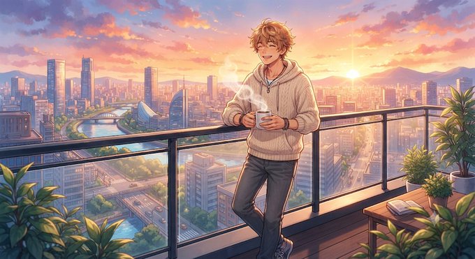 An anime-style illustration of a young man with brown hair wearing a cream hoodie, holding a cup of coffee on a balcony overlooking a city skyline at sunset.