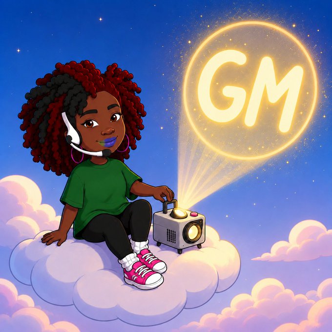 A cartoon illustration of a smiling character with red and black curly hair wearing a headset, sitting on a pink cloud and projecting a glowing "GM" (Good Morning) from a small projector against a starry blue sky.
