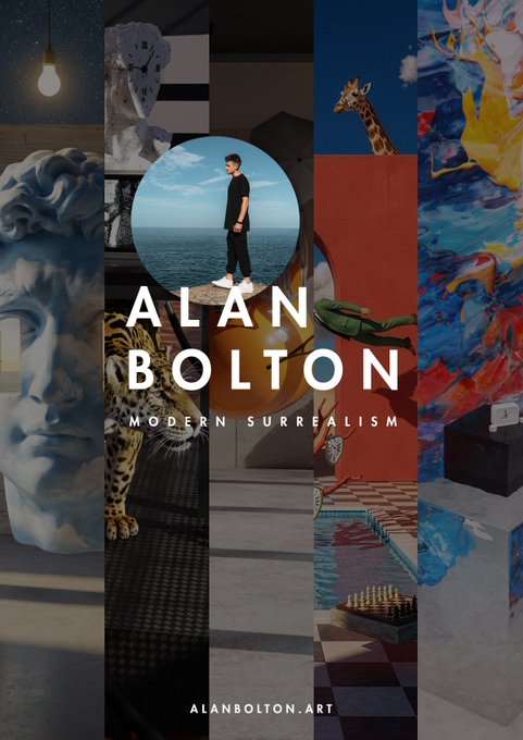 A promotional poster for 'ALAN BOLTON - MODERN SURREALISM' featuring a collage of surreal 3D art including statues, a leopard, and abstract scenes, with the website 'alanbolton.art'.