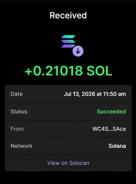 A screenshot of a Solana transaction confirmation showing a successful receipt of +0.21018 SOL on July 13, 2026, sent from wallet WC4S...SAce, which serves as proof of payment for the advertised $RBULL token purchase.