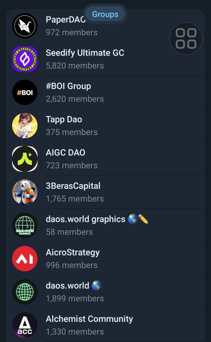 A dark-themed mobile interface showing a list of cryptocurrency DAO groups including PaperDAC, Seedify Ultimate GC, #BOI Group, Tapp Dao, AIGC DAO, 3BerasCapital, daos.world graphics, AicroStrategy, daos.world, and Alchemist Community with member counts for each.