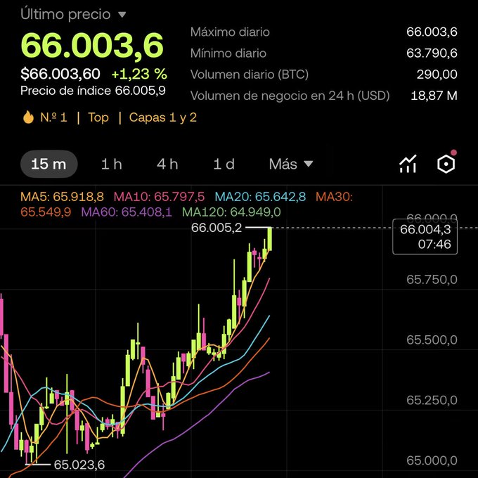 A Bitcoin trading chart shows the price at $66,003,6 with a 1.23% gain, reaching the daily high of $66,003,6 at 07:46, visually confirming the post's claim that Bitcoin has hit $66k again.