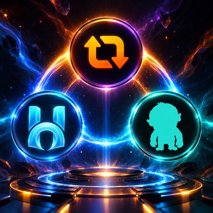 A stylized digital artwork featuring three glowing circular icons (an orange swap/exchange symbol, a blue archway/portal, and a teal cartoon character) floating above a circular platform against a cosmic purple and orange nebula background.