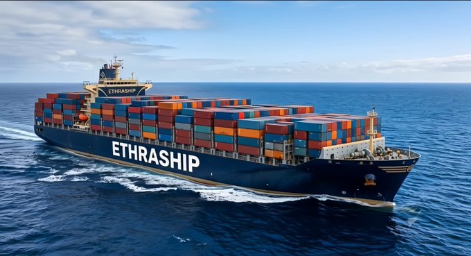 A large container ship named 'ETHRASHIP' sails across the open sea, loaded with colorful shipping containers.