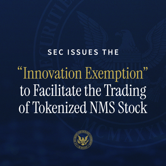 The image displays a dark blue graphic featuring the SEC's eagle emblem and seal, with the headline "SEC ISSUES THE 'Innovation Exemption' to Facilitate the Trading of Tokenized NMS Stock." The graphic visually anchors the accompanying news about the SEC's new 5-year Innovation Exemption, which enables permissioned AMMs on public blockchains to trade tokenized NMS stocks—though it does not directly authorize leveraged perps like Hyperliquid's NVDA, TSLA, or XYZ100 contracts.