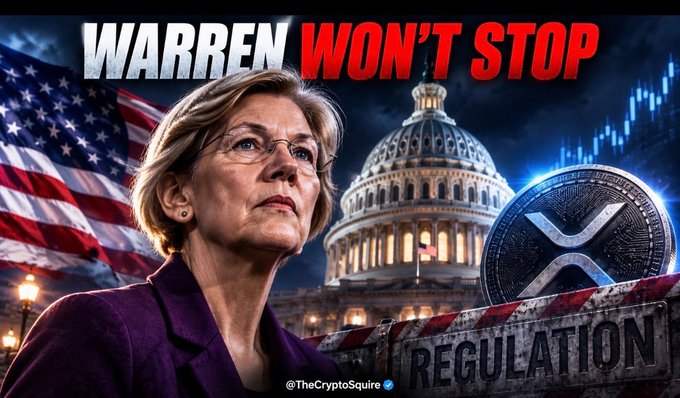 The image is a dramatic graphic featuring Senator Elizabeth Warren in the foreground, with the U.S. Capitol dome and an American flag in the background, alongside a prominent XRP logo. Bold text reads "WARREN WON'T STOP," and a "REGULATION" barrier graphic appears at the bottom, with the watermark "@TheCryptoSquire" visible—visually reinforcing the post's message about Warren's continued opposition to crypto legislation like the CLARITY Act.
