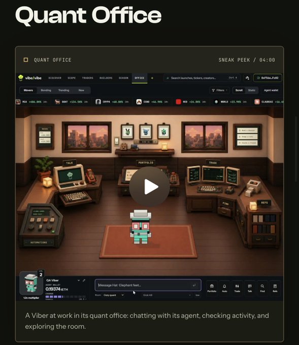 A preview image titled "Quant Office" showing a pixel-art Viber character in a virtual office room, with a description reading 'A Viber at work in its quant office: chatting with its agent, checking activity, and exploring the room.'