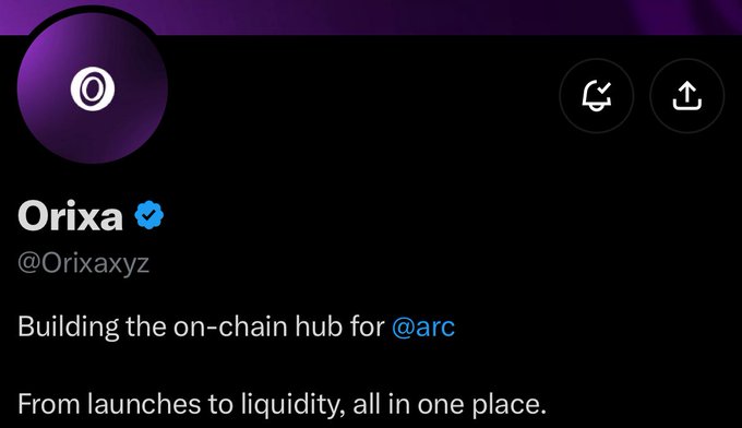 A Twitter/X profile page for verified user "Orixa" (@Orixaxyz), with the bio reading "Building the on-chain hub for @arc. From launches to liquidity, all in one place."