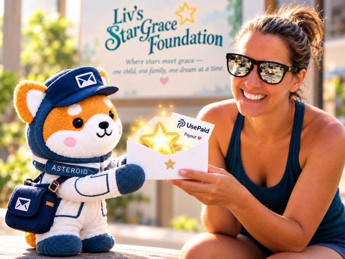 A woman in sunglasses smiles while looking at a glowing star inside an envelope offered by an astronaut-themed Shiba Inu plushie, with text reading 'Liv's Star Grace Foundation' and 'UsePaid Payout'.