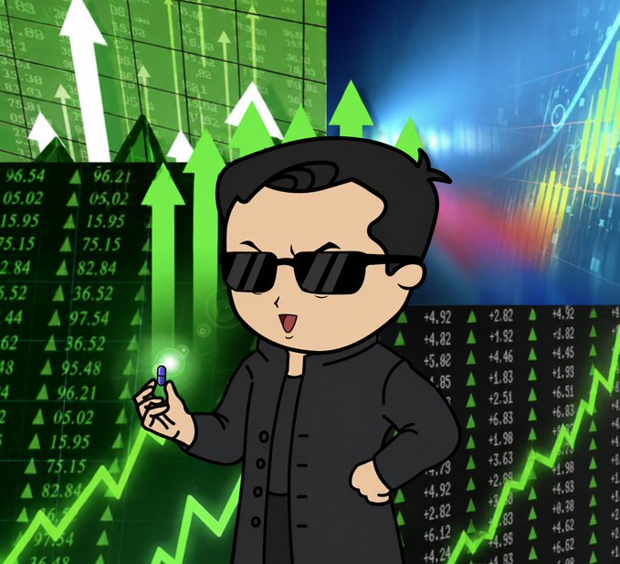 A cartoon BitBoy character wearing sunglasses and a black hoodie stands confidently while holding up a small device, set against a vibrant backdrop of green upward-pointing arrows, ascending stock/crypto charts, and market data showing positive price changes (+4.92, +2.82, +1.92) with numerical values like 96.54, 15.95, and 75.15. The bullish imagery of rising charts and gains perfectly reinforces the post's enthusiastic message to "keep stacking crypto" with confidence in upward momentum.