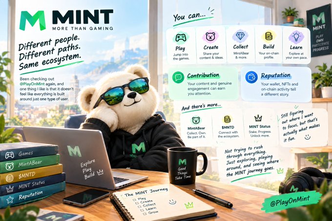 Promotional infographic for 'MINT - More Than Gaming' featuring a bear in sunglasses using a laptop, with sections on Play, Create, Collect, Build, Learn, Contribution, and Reputation, tagged @PlayOnMint.