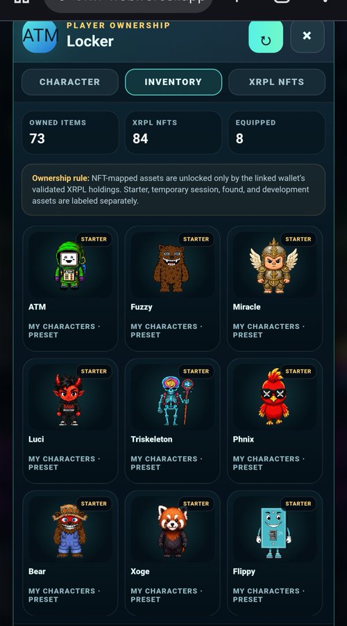 A 'Locker' inventory screen from ATM Player Ownership shows 73 owned items and 84 XRPL NFTs, displaying various 'STARTER' character avatars including ATM, Fuzzy, Miracle, Luci, Triskeleton, Phnix, Bear, Xoge, and Flippy.